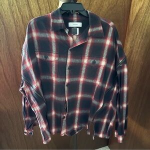 FACETASM sz 4 XL Oversize Black Red Flannel Button Down Zipper Back Long Sleeve